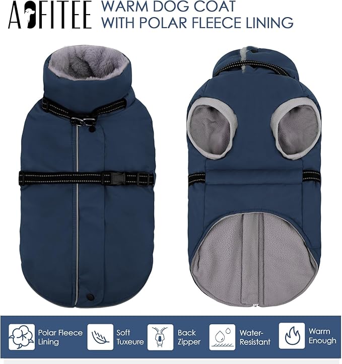 AOFITEE Dog Coat, Warm Dog Winter Coat with Harness Built in, Waterproof Pet Snow Jacket with Zipper on Back, Fleece Pet Sweater Outdoor Puffer Jacket Snowsuit for Extra Large Dogs, Blue XXL