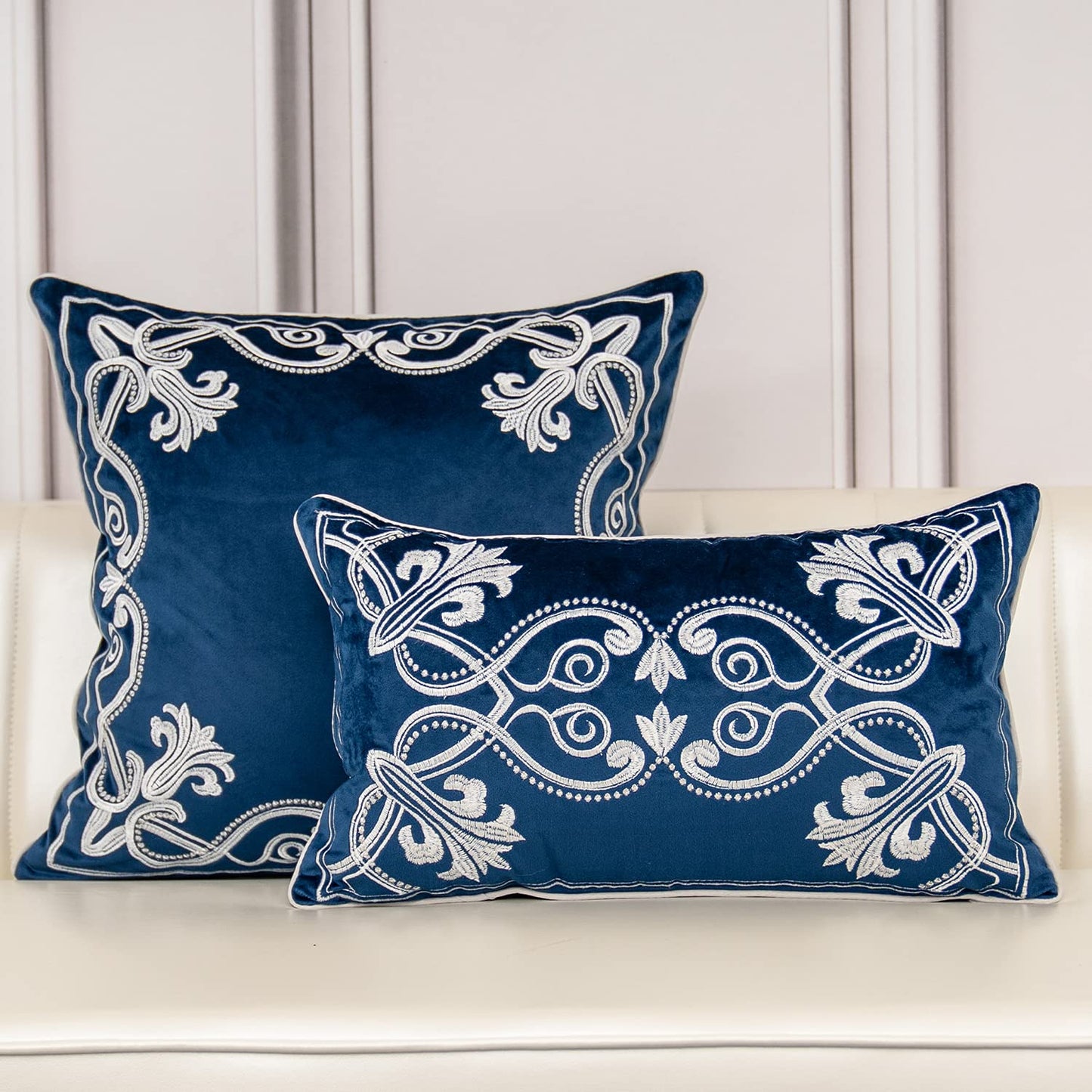Aeckself European Floral Pillow Cover 12x20 Inch, Luxury Velvet Embroidered Decorative Lumbar Throw Pillow Cover for Couch Bedroom Living Room, Navy Blue and White