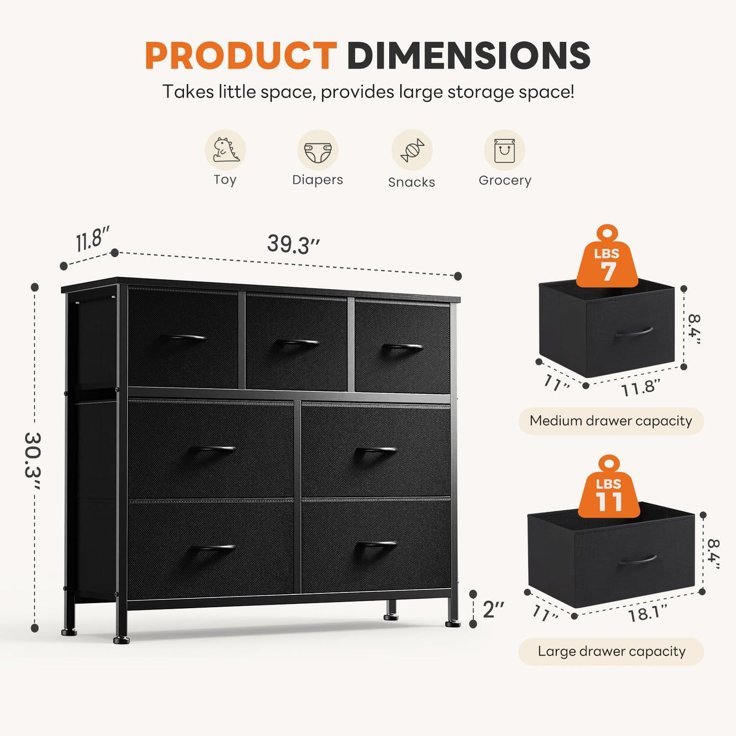 Sweetcrispy 7 Drawer Dresser with Fabric Bins Fabric Storage Tower Organizer for Bedroom Closet Hallway Entryway Tall Chest of Drawers with Steel Frame Wood Top Easy Pull Handles,Black