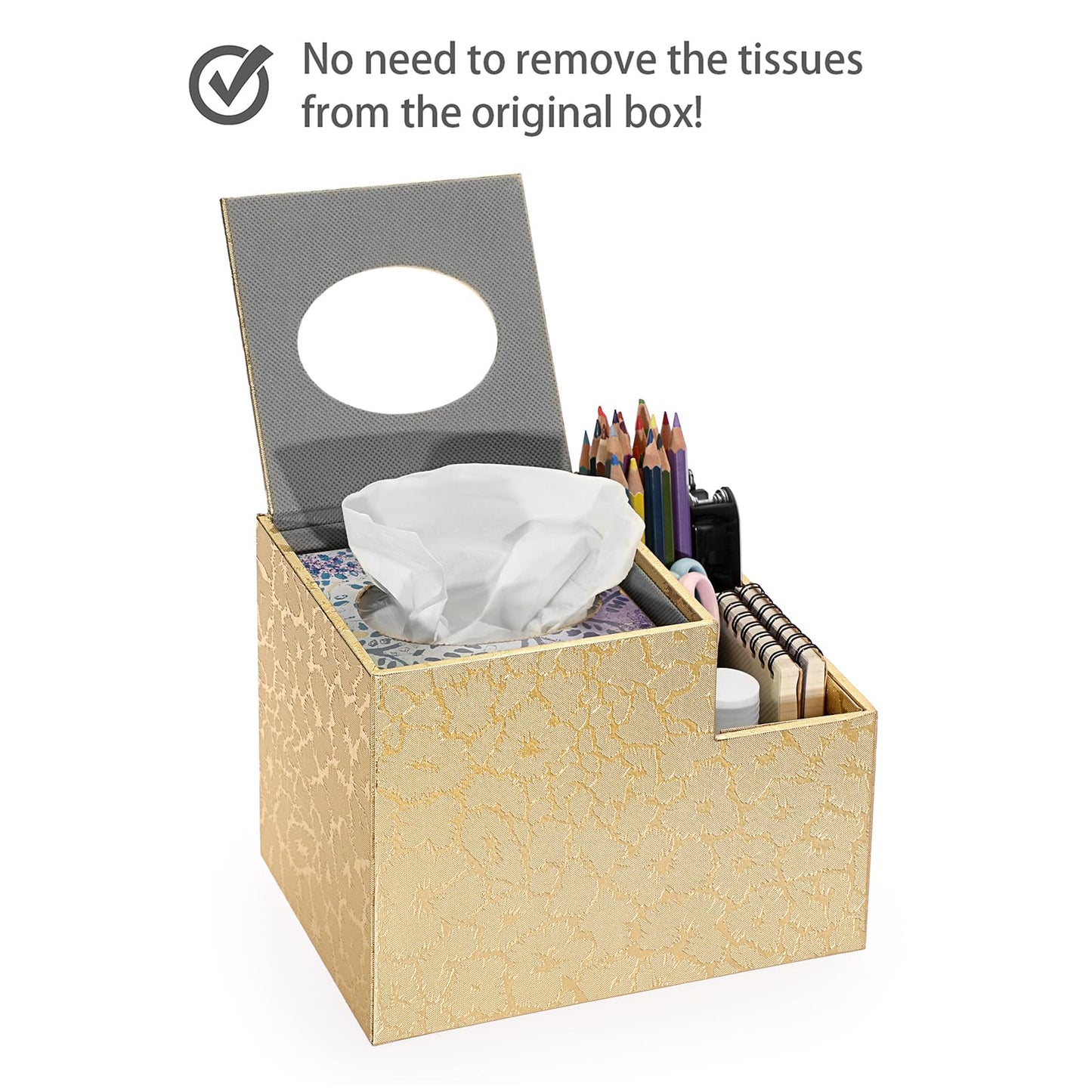 Sumnacon Square Leather Tissue Box Cover - PU Cube Tissue Box Holder with Side Organizer, Decorative Tissue Box for Living Room Vanity Night Stand Desk Countertop Office, Gold
