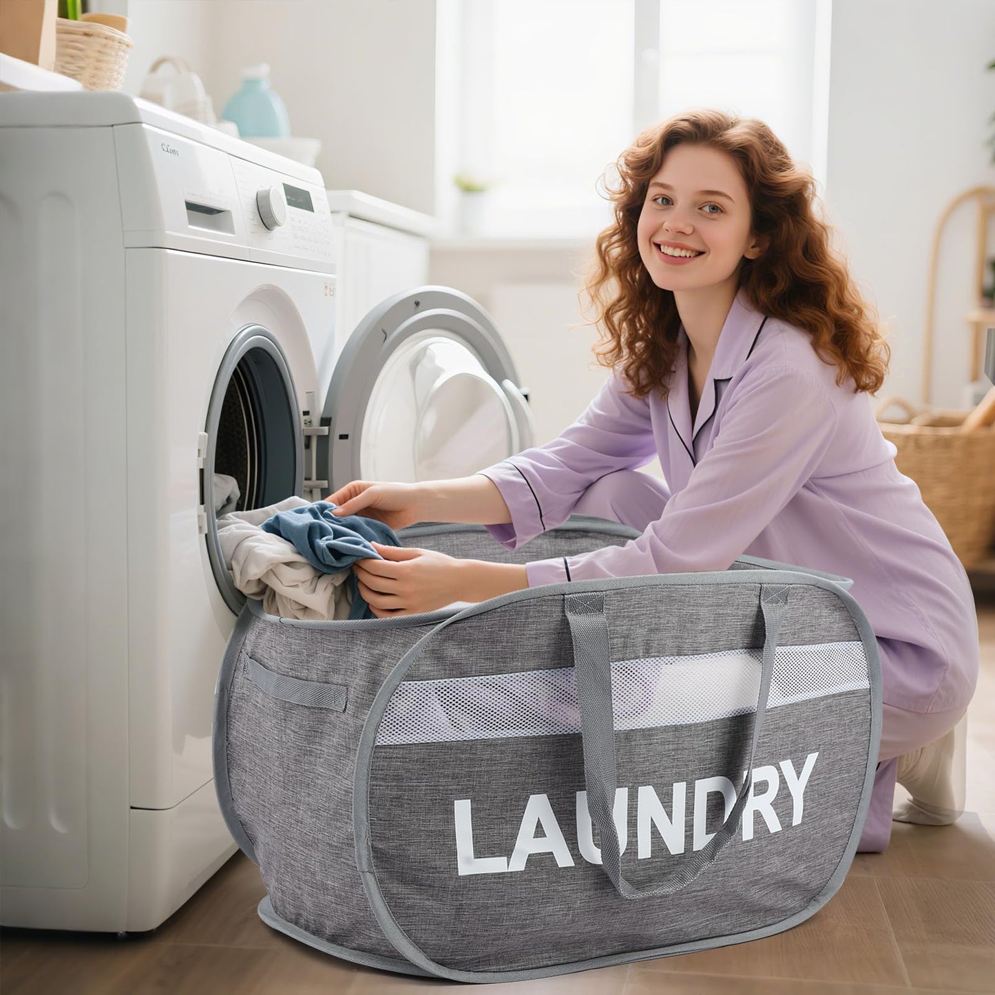 Collapsible Laundry Baskets, Foldable Clothes Hamper with Reinforced Handles, Sturdy Pop Up Hampers for Laundry, Tear Proof & Easy to Carry Laundry Hamper for Home, Apartment, Dorm, Travel Grey