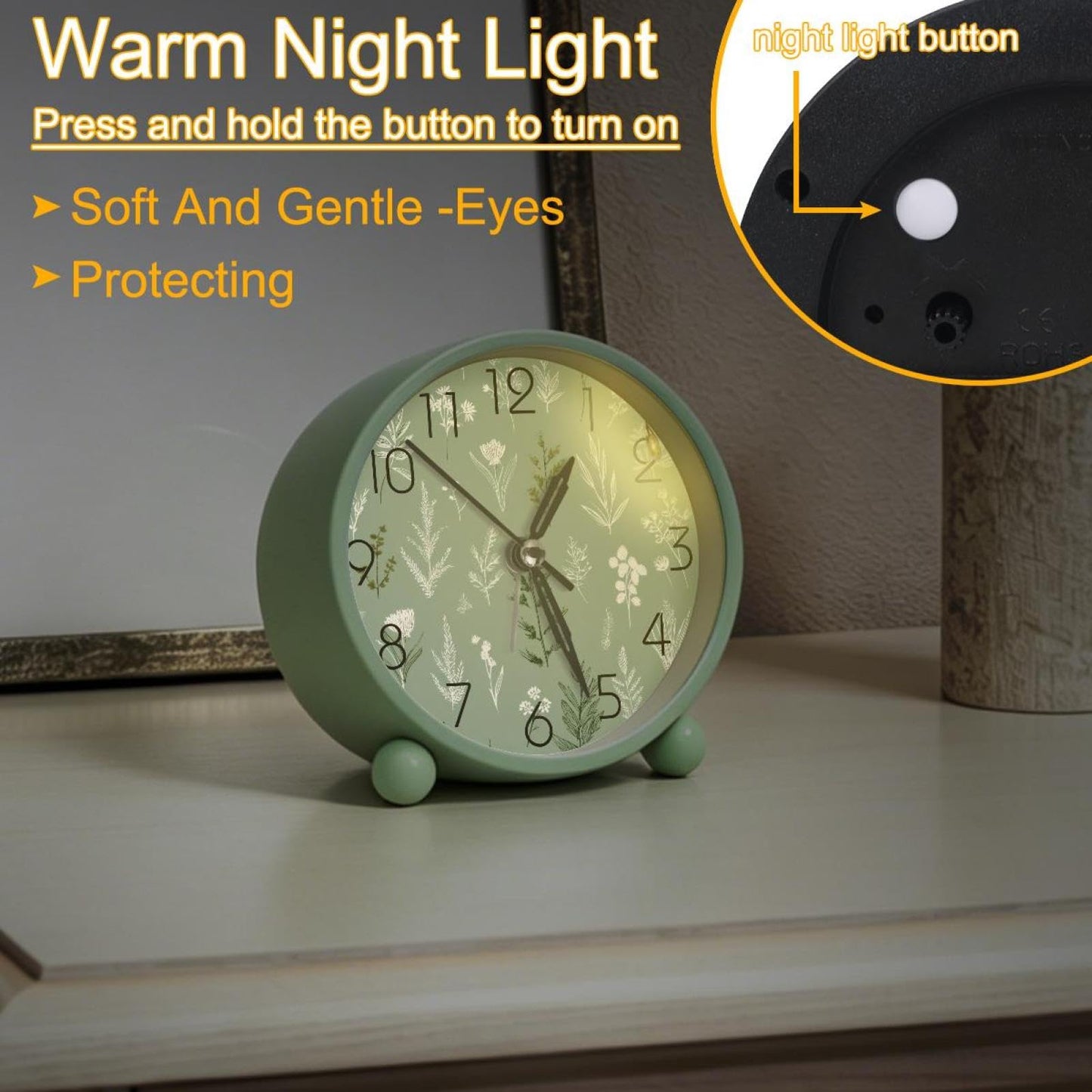 IROLSKDNFH 4.3" Decorative No Ticking Analog Alarm Clock, Battery Operated Desk Clock with Light, Easy to Set, for Bedroom, Kids, Seniors, Sage Green Botanical Mix Seamless Pattern