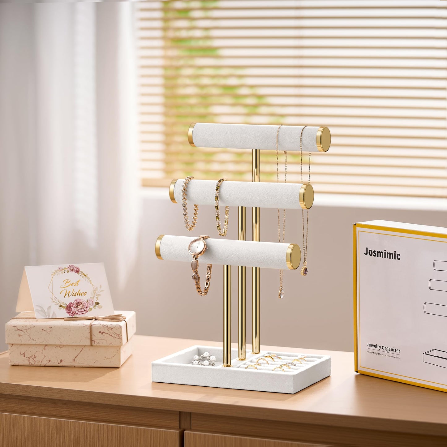 Josmimic Bracelet Holder Jewelry Organizer Display - 3 Tier T Bar Velvet Stand, White Jewelry Storage for Bracelet, Necklaces, Earrings, Watches