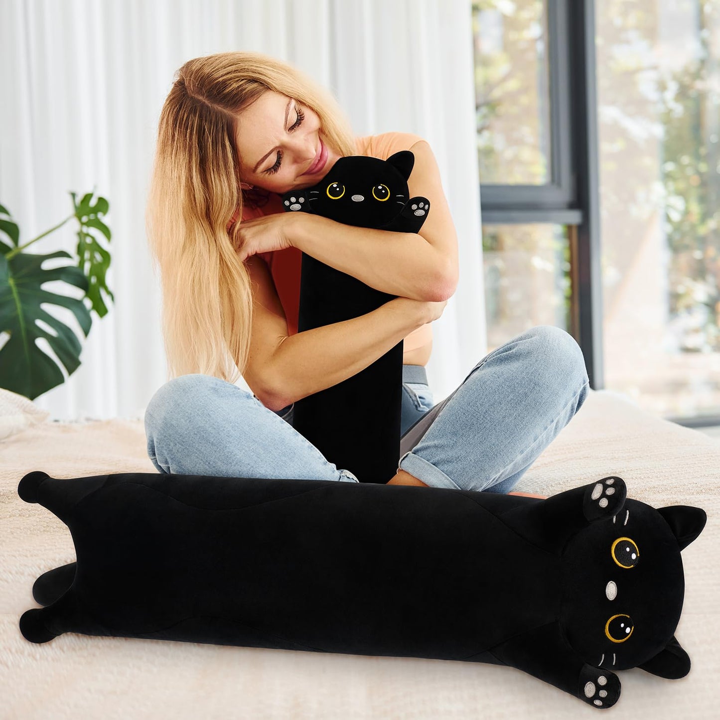 Sprinqdawin Cat Stuffed Animal-20” Black Cat Plush,Cute Plushies Animal Body Pillow,Kawaii Plush Toys Animals Gifts,Soft Animals Sleeping Hugging Pillow Cushion Dolls for Kids Adults Birthday