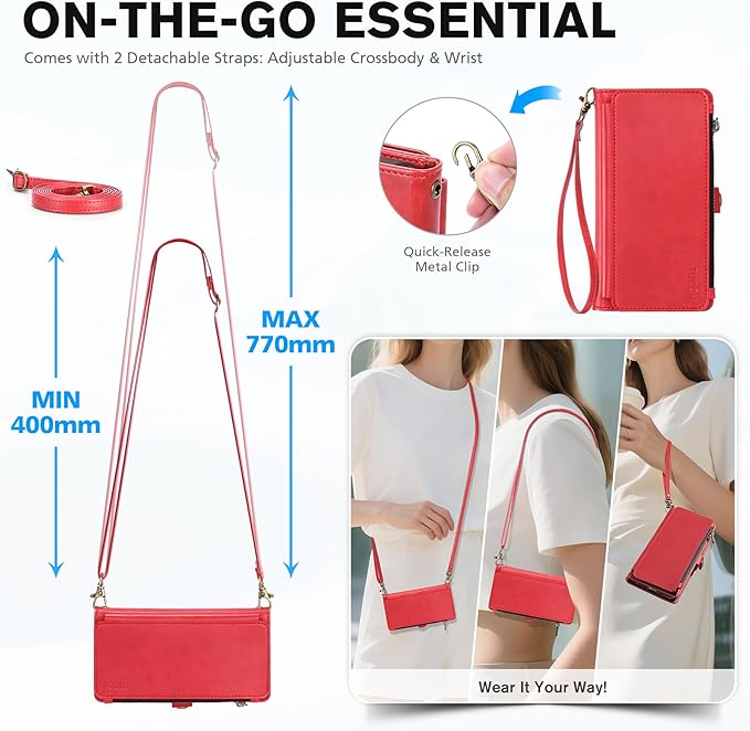 TUCCH Detachable Crossbody Wallet Case for iPhone 17 Pro 6.3", 9 Card Slots RFID Blocking | Stand | Lanyard Wrist Strap | Wireless Charging | Zipper Pocket | PU Leather Magnetic Flip Cover | Red