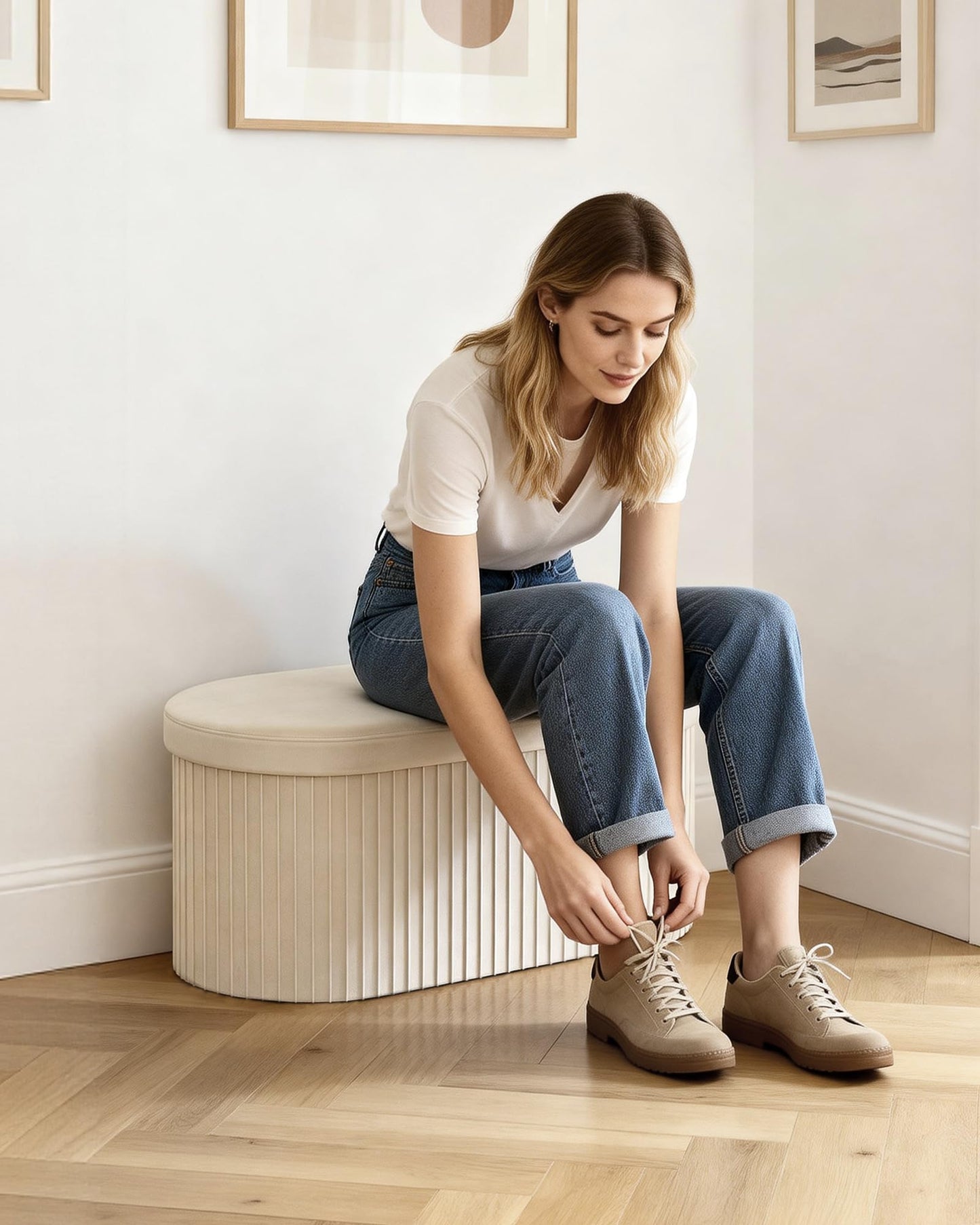 GLAXYFUR Folding Storage Ottoman, Velvet Upholstered Foot Rest, 30 Inches Oval Storage Bench for Bedroom, Living Room & Entryway (Beige)