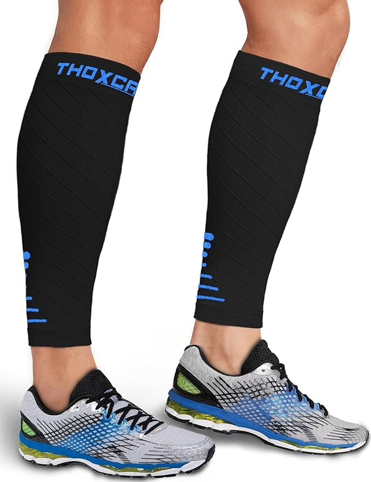 Thoxcare Calf Compression Sleeve for Men Women (1 Pair), Leg Support Footless Compression Socks for Running - Shin Splint Varicose Veins Swelling & Pain Relief, Black/Blue, Large