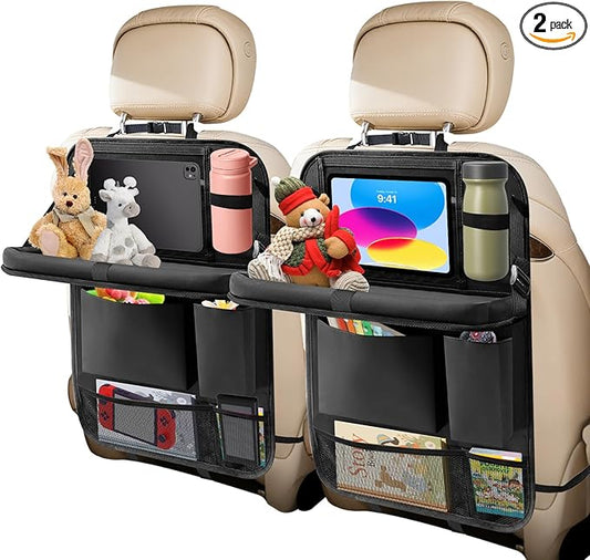 BLYPHOO Car Backseat Organizer: Back Seat Storage Organizer for Kids with Tablet Holder, Heavy Duty Back Seat Protector with Foldable Table Tray, Kick Mats w/Pockets, Road Trip Essentials, 2 Count