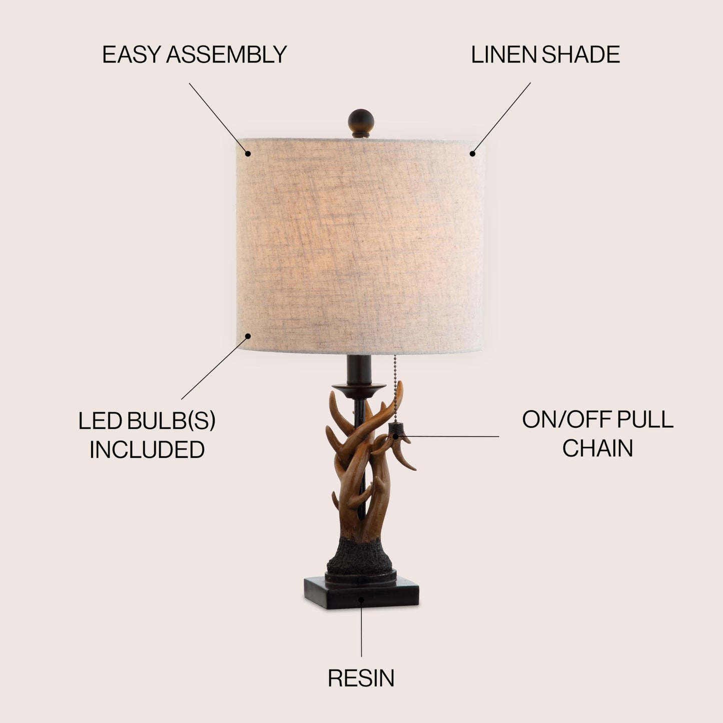 JONATHAN Y 20.5" Brown Rustic Antler Table Lamp for Bedroom Farmhouse Decor, Mini Faux Antler Desk Lamp with Gray Linen Shade, Lodge Cabin Nightstand Lamp, LED Bulb JYL1031A