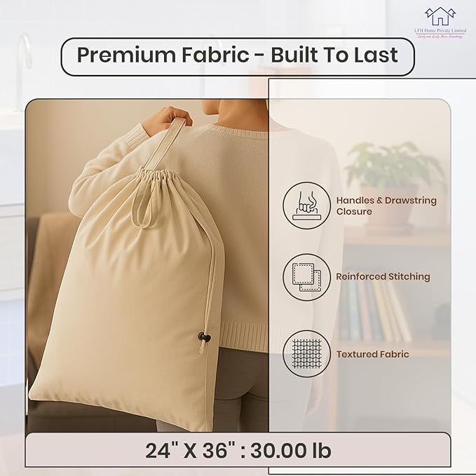 LFH Home Cotton Canvas Extra Large Laundry Bag with Handle, Heavy Duty Drawstring Closure Washable Laundry Bags School Travel, Home, Hotel, College Dorm, Organizer Sack, 24x36-Natural Thanks Giving