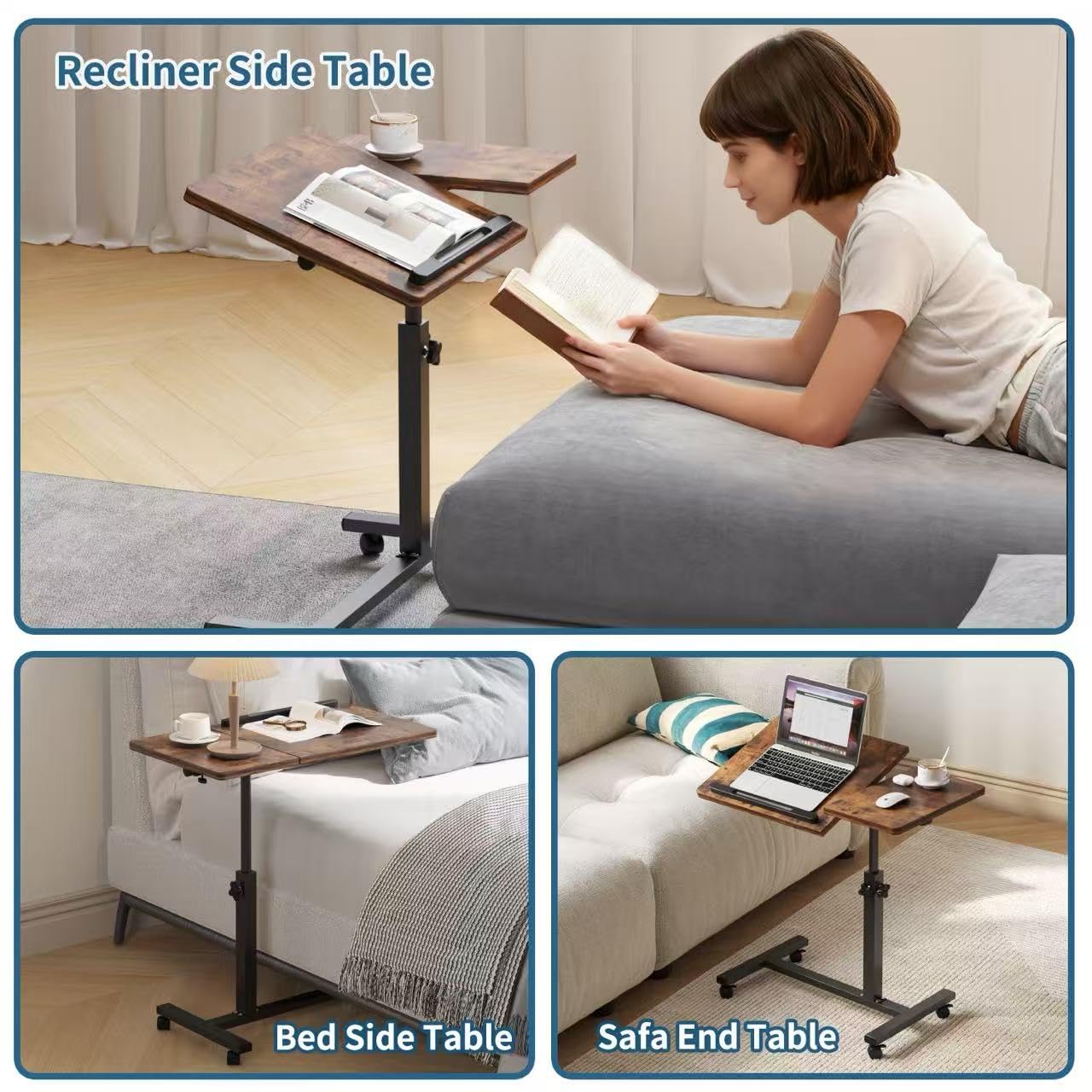 Mu Guang Overbed Tables, Hospital Table, Adjustable Height ＆ Protable Standing Rolling Desk, C-Shaped Bed Table for Livingroom and Bedroom, Brown