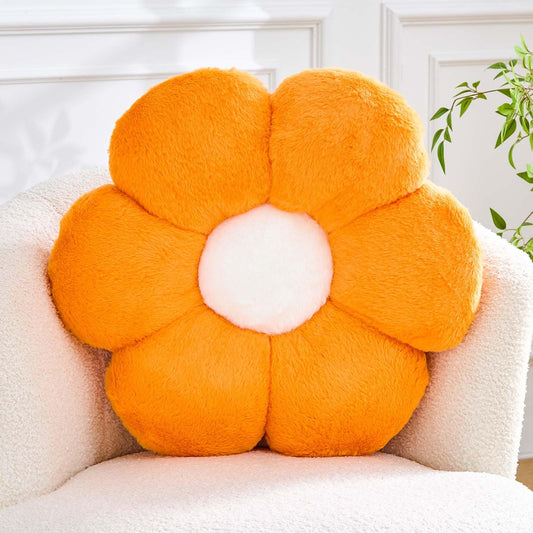 Kcvvcr Flower Pillow Cute Decorative Throw Pillow with Faux Rabbit Fur Soft Daisy Plush Floor Cushion Aesthetic Flower Shaped Pillow Home Decor for Bed Sofa Couch (Orange 17.7 Inch)