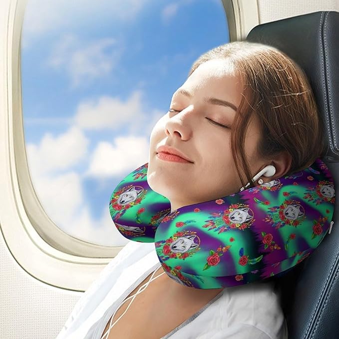 Cute Travel Neck Pillow Dream Catcher Boho Wolf Memory Foam U Shaped Cushion, Washable Cover for Boys Girls Airplane Car School Nap