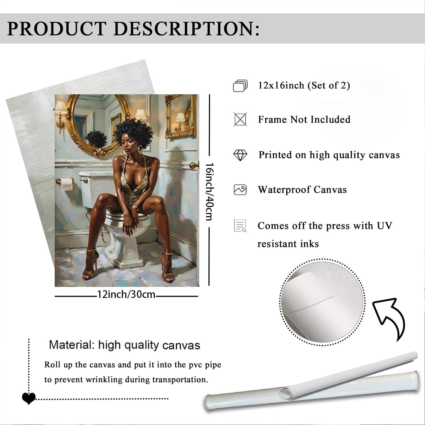 Black Girl Bathroom Wall Art Set of 2 Luxury Black Woman Poster Print Sensual African American Wall Art Afro Feamle Canvas Painting Print for Bathroom Toilet Home Decor, 16x24inch Unframed