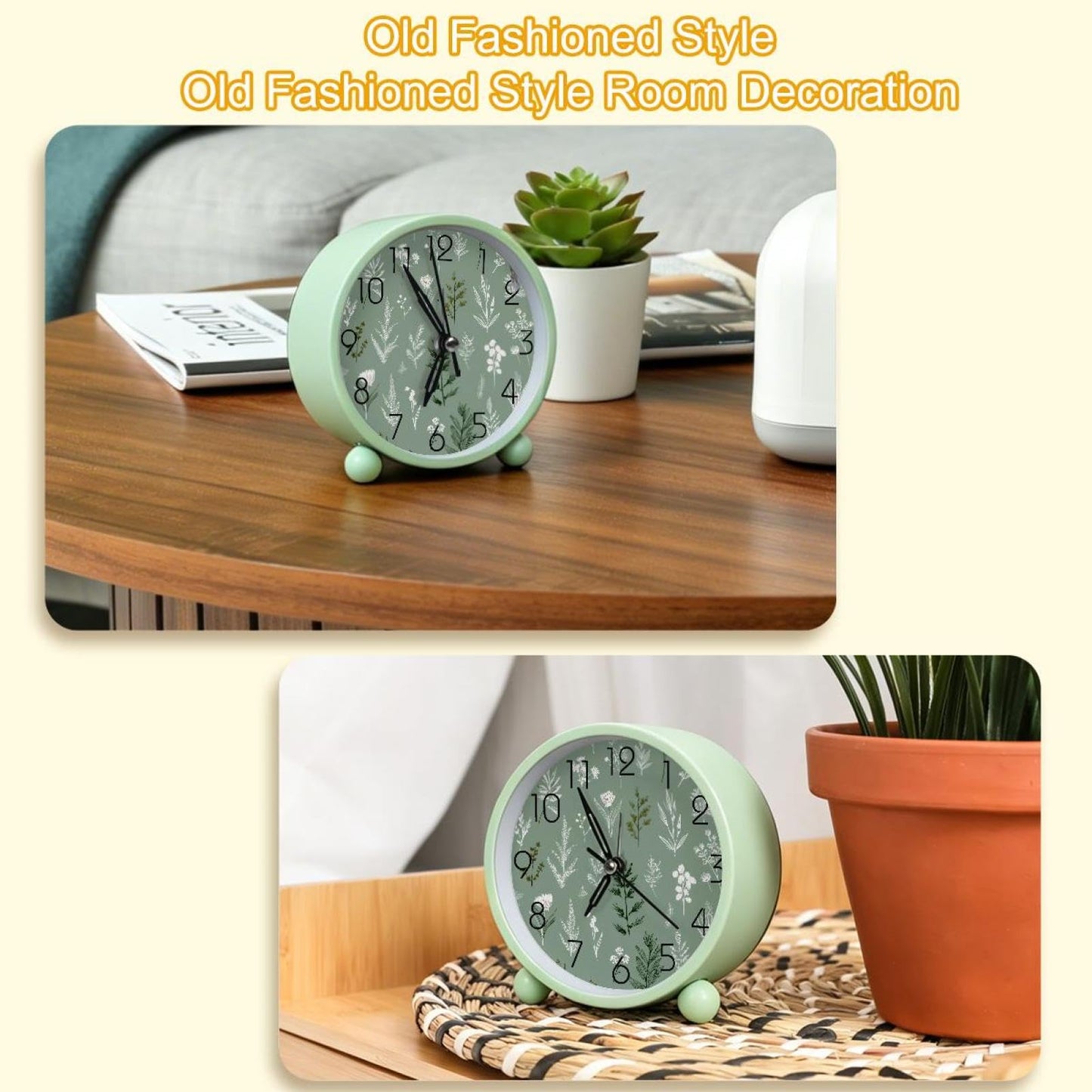 IROLSKDNFH 4.3" Decorative No Ticking Analog Alarm Clock, Battery Operated Desk Clock with Light, Easy to Set, for Bedroom, Kids, Seniors, Sage Green Botanical Mix Seamless Pattern