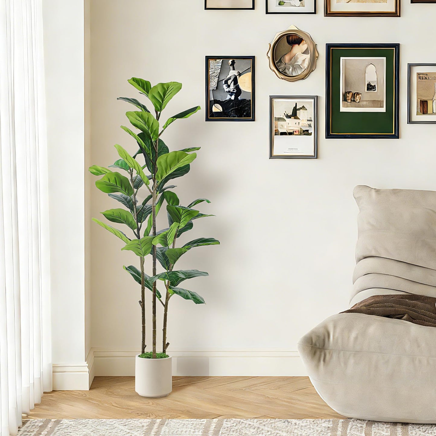 Alupssuc 5FT Artificial Fiddle Leaf Fig Tree with White Planter Pot, 5 feet Tall Fake Tree for Home Decor, Faux Ficus Tree Fake Moss for Indoor Outdoor Office Living Room