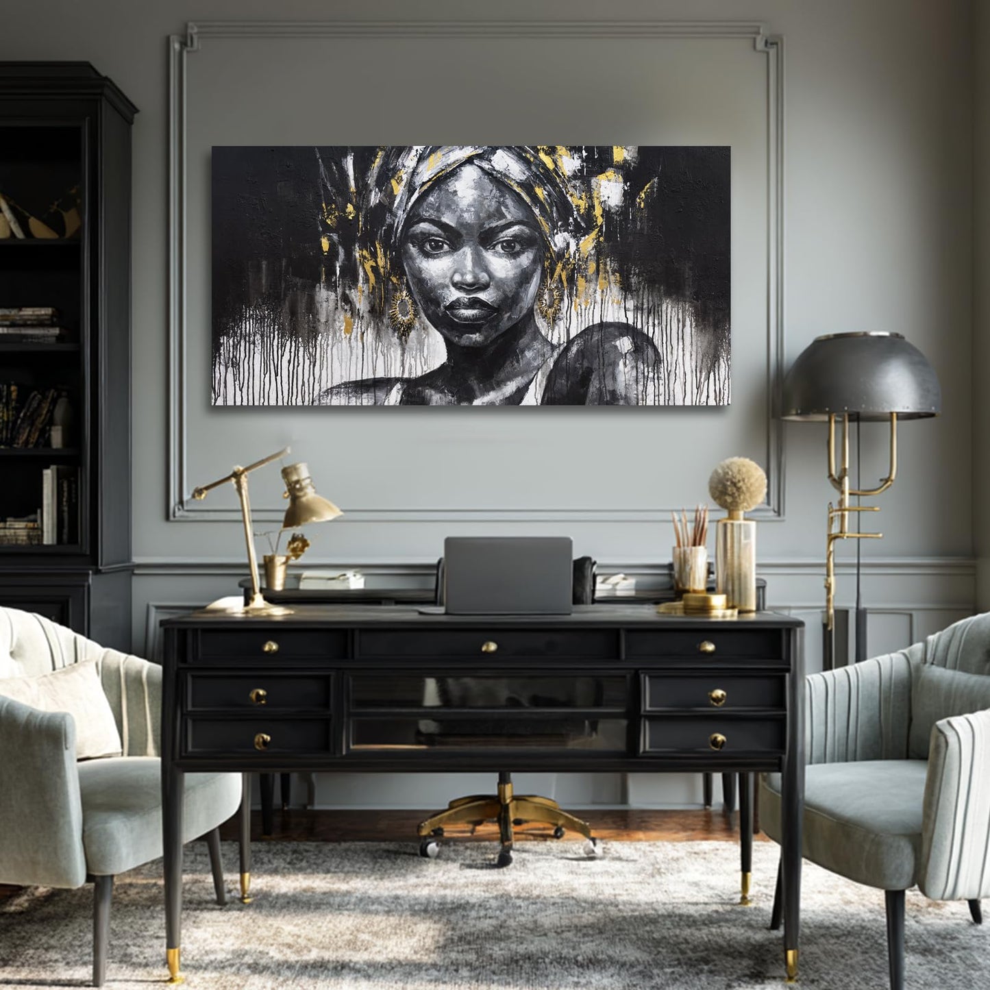 ZUNARE African American Portrait Canvas Wall Art Black and White Pictures with Gold Accents, Modern Cultural Black Woman Artwork for Living Room Bedroom Decor 24x48