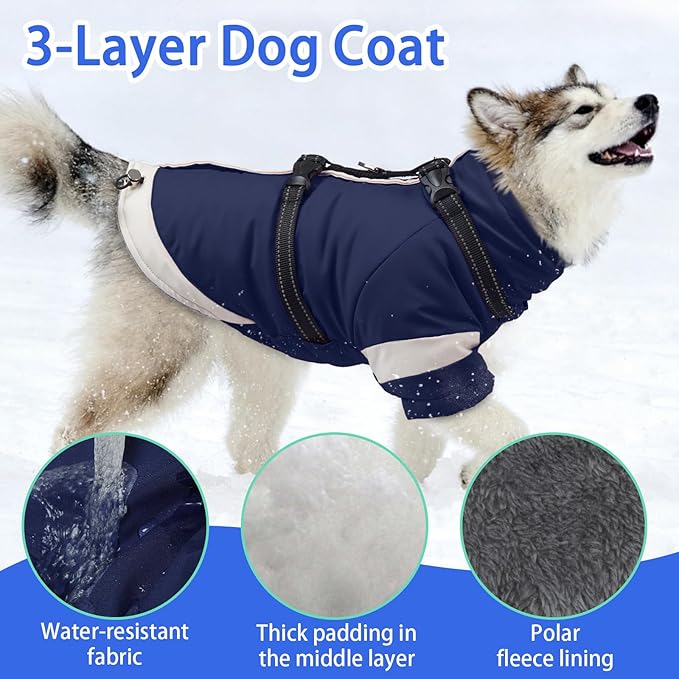 MIGOHI Rainproof Dog Winter Jacket with Harness,XXL Large Fleece Dog Coat with Sleeves,Adjustable Pet Puffer Jacket Snowsuit Cold Weather Coats for Golden Labrador Retriever,XXL,NavyBlue