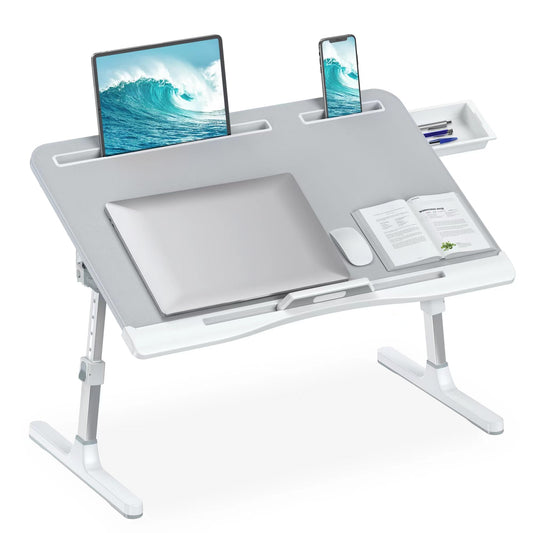 HETTHI Laptop Desk for Bed, Adjustable Bed Table with Leather Desktop, Foldable X-Large Laptop Bed Trays with Drawer for Bed Couch Floor Writing Working Reading Eating Painting (Gray, 23.6"×15.7")