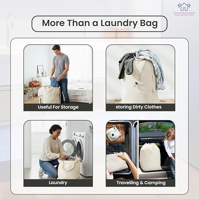 LFH Home Cotton Canvas Large Laundry Bag with Handle, Heavy Duty Drawstring Closure Washable Laundry Bags, School Travel, Home, Hotel, College Dorm, Organizer Sack, Toy Clothes 24x36 (Pack of 2)-White