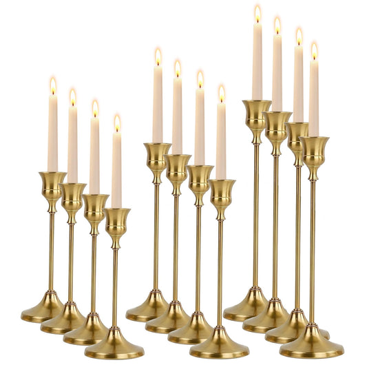 Oakernel French Gold Taper Candle Holders 4 Sets(12 Pcs) - Tall Metal Candlestick Holders for Table Centerpiece, Formal Dinner, Wedding, Fireplace Mantel Decor, Fits 3/4 Inch Thick Candles