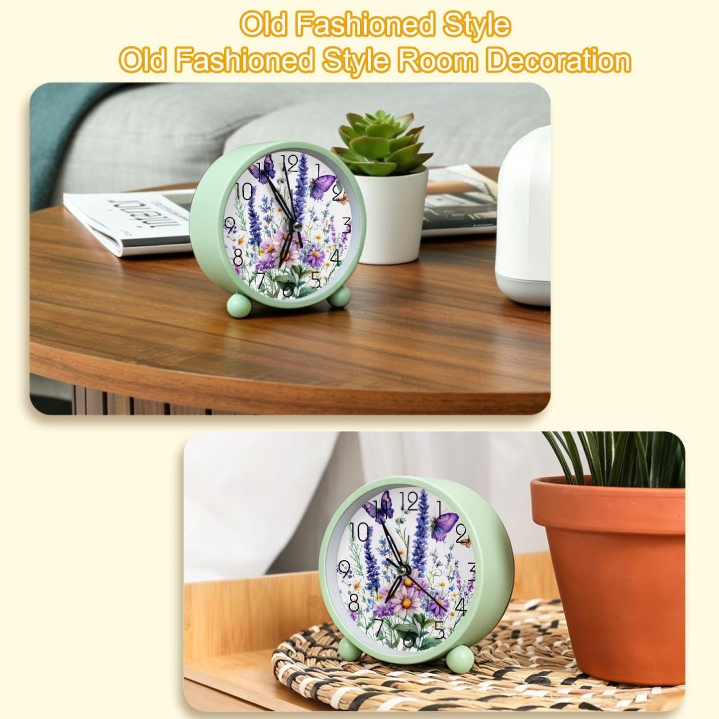 IROLSKDNFH 4.3" Analog Alarm Clock Silent Non Ticking, Small Clock with Night Light Battery Operated, Gentle Wake, Easy Set and Read (Wildflowers Purple Bluebell Sage Chamomile with Butterflies)