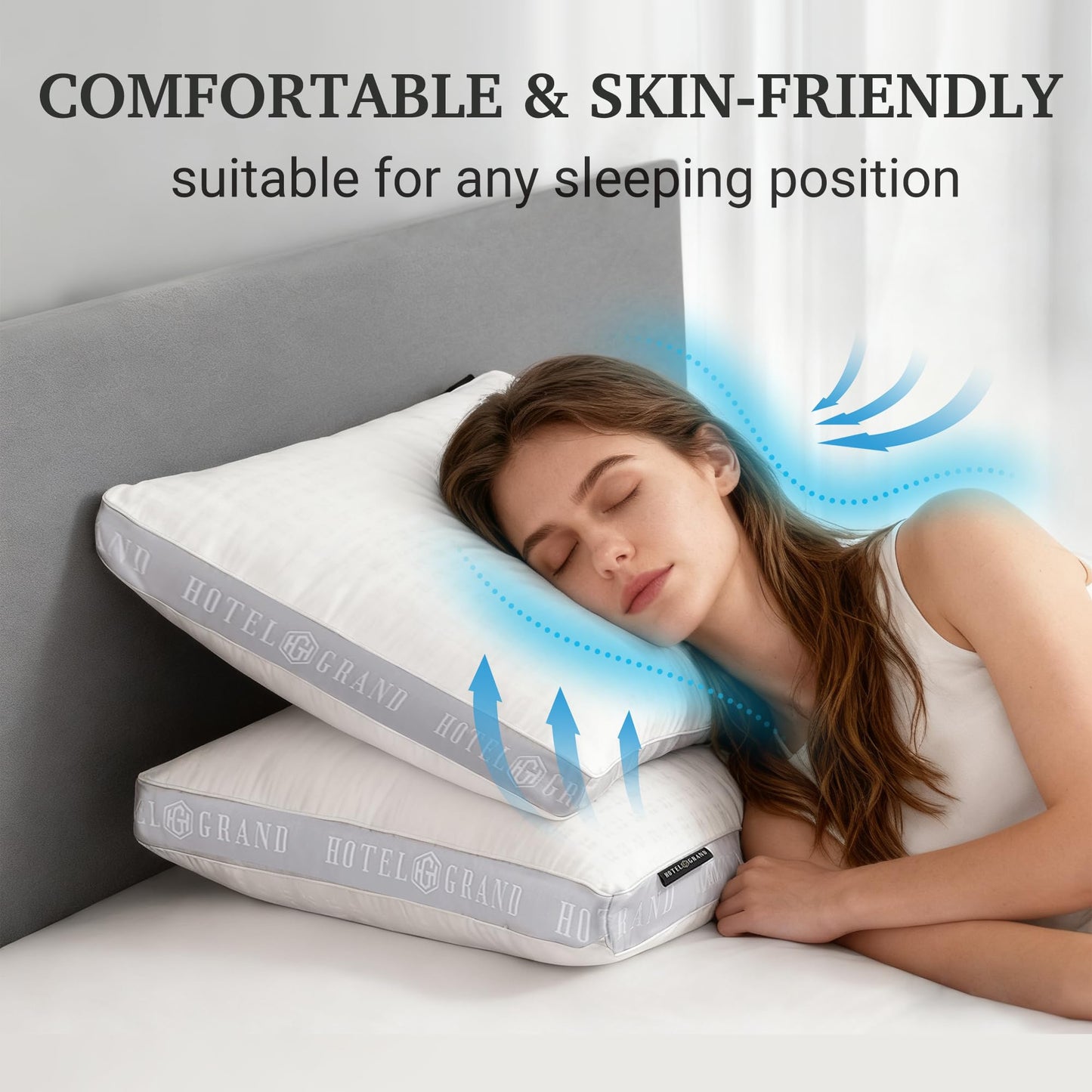 Hotel Grand Bed Pillows King Size Set of 2, 500 Thread Count Cotton Cover, Down Alternative Hotel Pillow Soft for Side, Back, or Stomach Sleepers, Medium Support Hypoallergenic 18”x34”