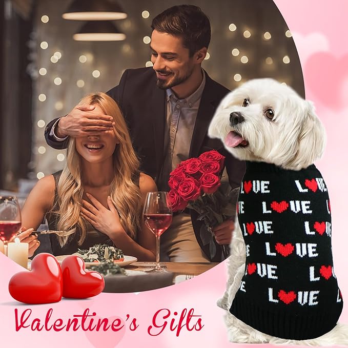 GOYOSWA Valentines Dog Sweater, Dog Valentines Clothes Outfit Knitted Sweaters for Small Medium Large Dogs Pets (Black Love, X-Large)
