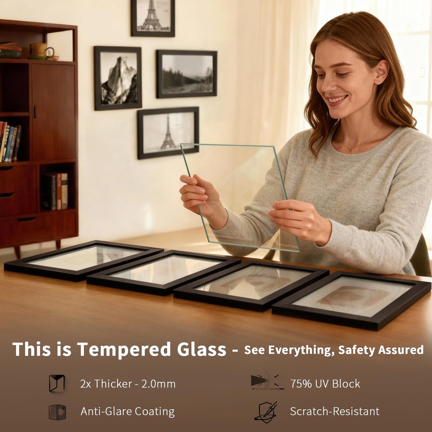 KissNow 5x7 Picture Frame 4 Pack, Black Wood 7x5 Frame, Tempered Glass, Vertical or Horizontal Tabletop Display for Photos & Art Prints