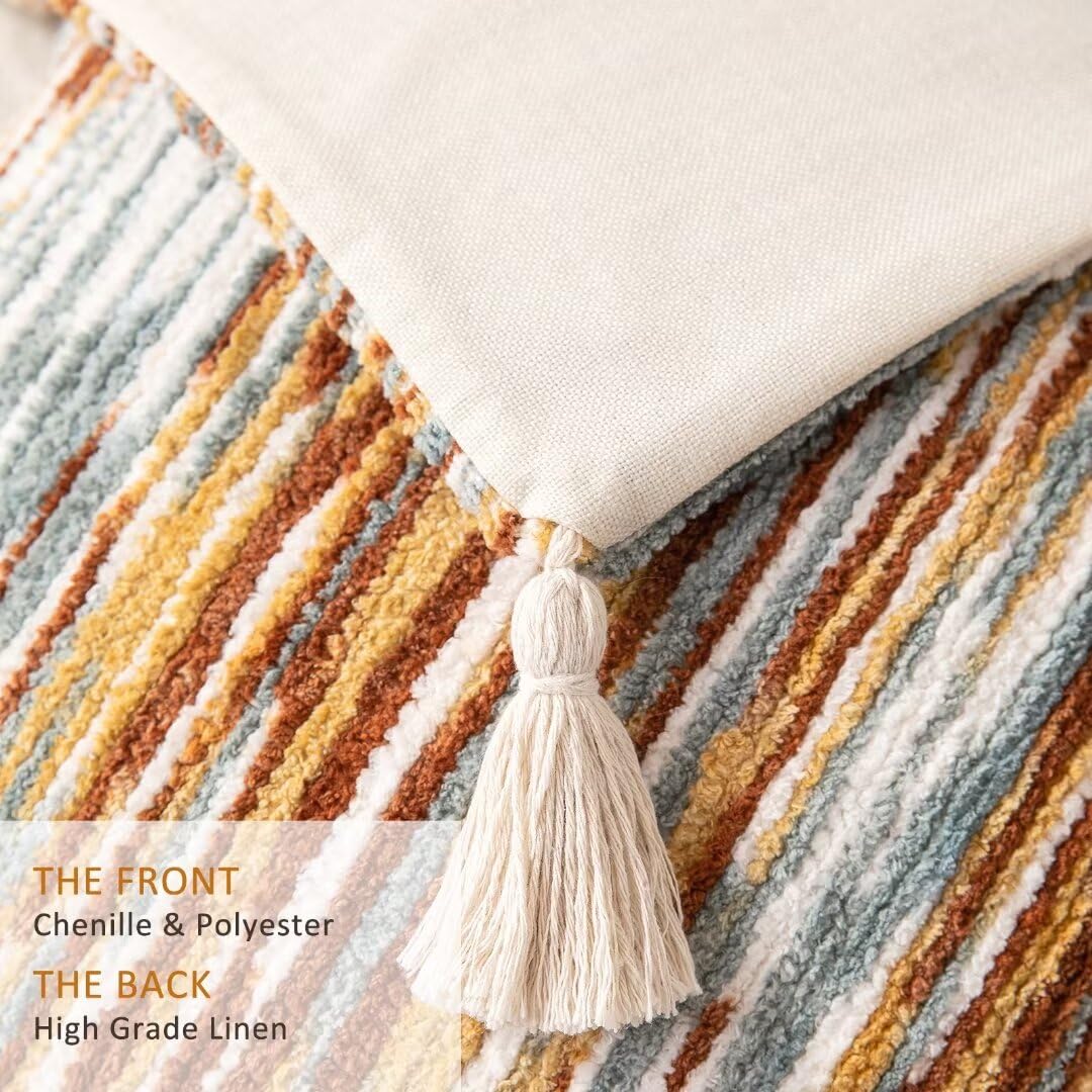 WANLIRD Boho Throw Pillow Covers 18x18 Set of 2 Woven Tufted Farmhouse Pillows Cover with Tassels Textured Striped Cushion Case Neutral Pillow Cases Decorative Pillowcase for Sofa Couch Bed,Rust