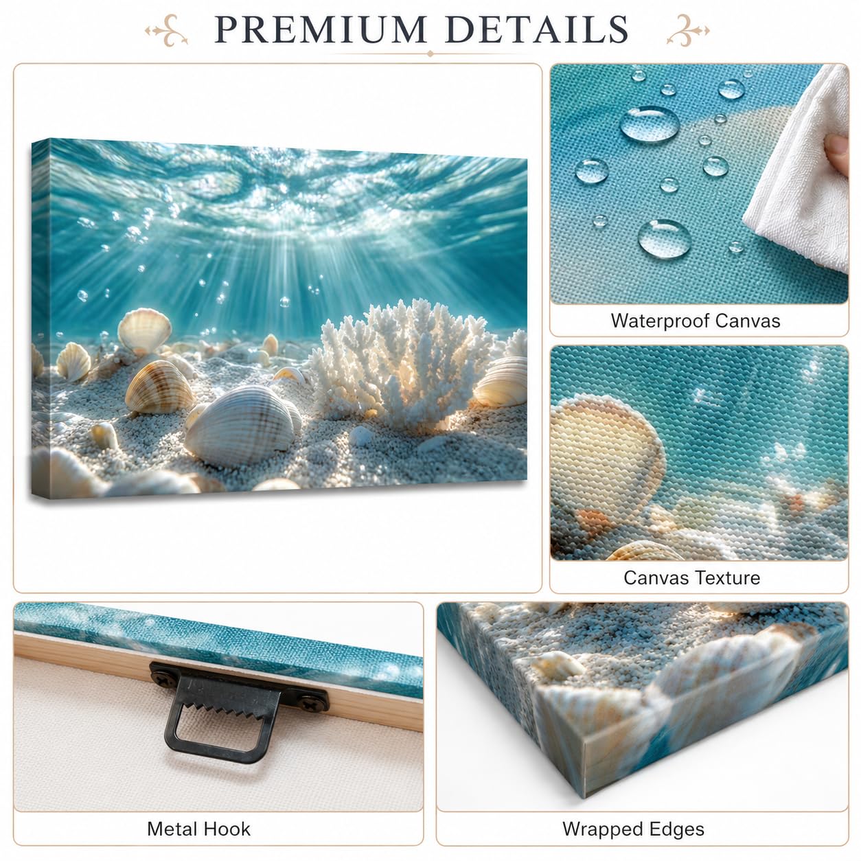 libitea Framed Coastal Canvas Wall Art - Coastal Ocean Relaxation Wall Decor Underwater Sunbeam Seashell Poster Printing Artwork for Bathroom Bedroom Living Room