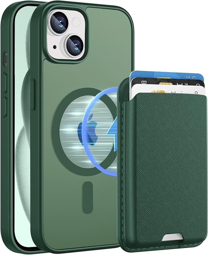 Ntwinro Magnetic for iPhone 13 & iPhone 14 Case (Compatible with MagSafe) with Detachable Wallet & Card Holder for 3 Cards [RFID Blocking] Military Grade Protective Slim Phone Cover, Green