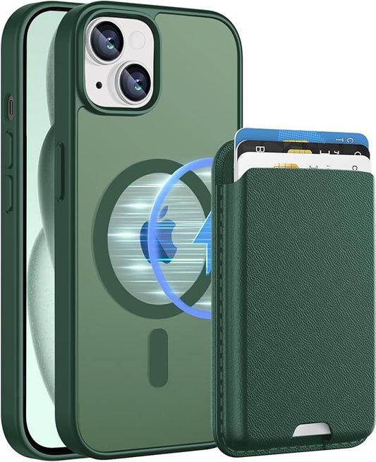 Ntwinro Magnetic for iPhone 13 & iPhone 14 Case (Compatible with MagSafe) with Detachable Wallet & Card Holder for 3 Cards [RFID Blocking] Military Grade Protective Slim Phone Cover, Green
