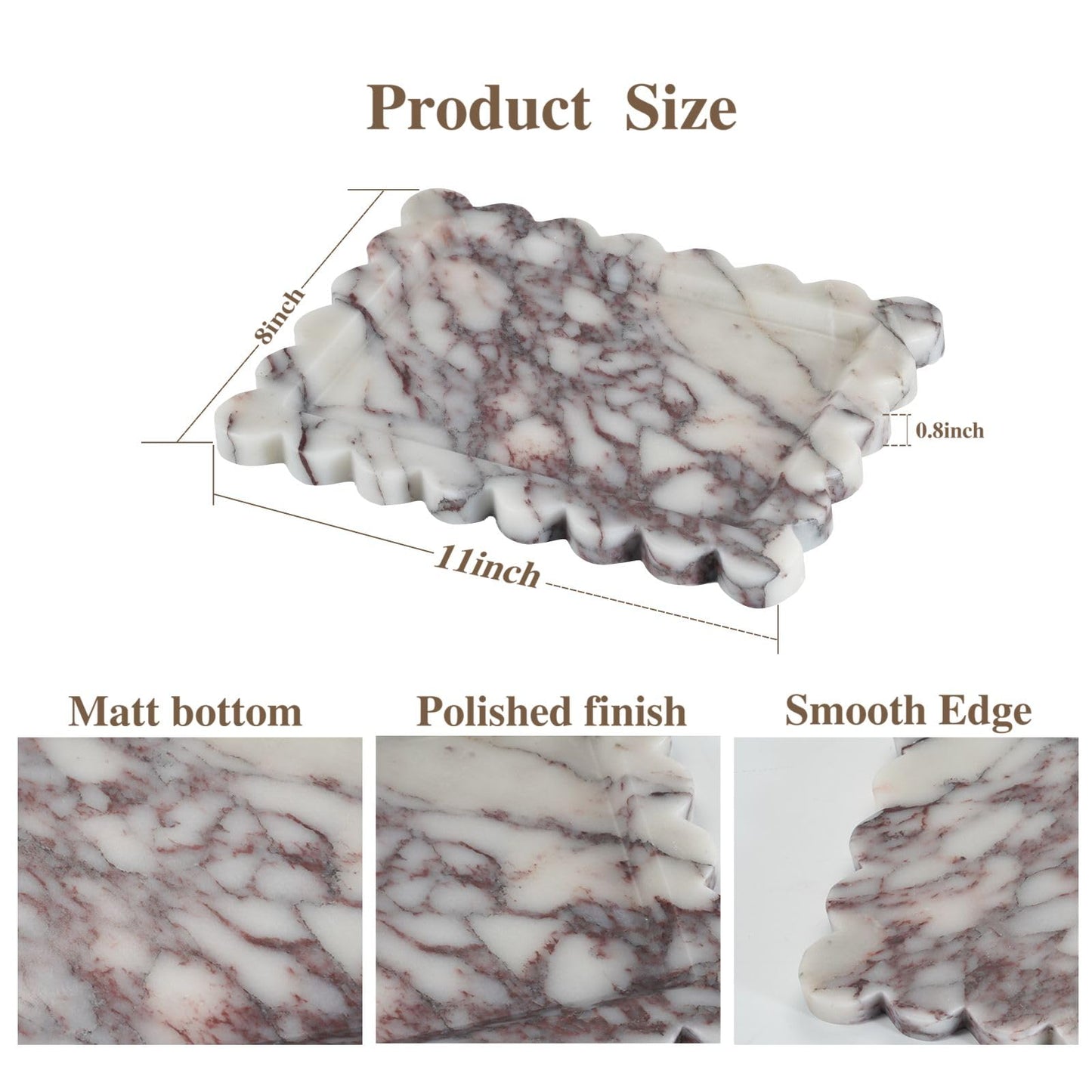 Calacatta Viola Scalloped Marble Tray, 11" x 8" Real Natural Marble Stone Tray, Luxury Decorative Tray for Bathroom, Kitchen Counter, Vanity, Dresser, Home Decor, Organizer for Jewelry & Cosmetics