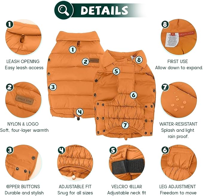SPACE LION Dog Puffer Jacket, Down Winter Coat, Durable Outdoor Coat for Cold and Windy Conditions, Lightweight & Adjustable Fit Coats for Large Dogs, (Orange, Size28/4XL)