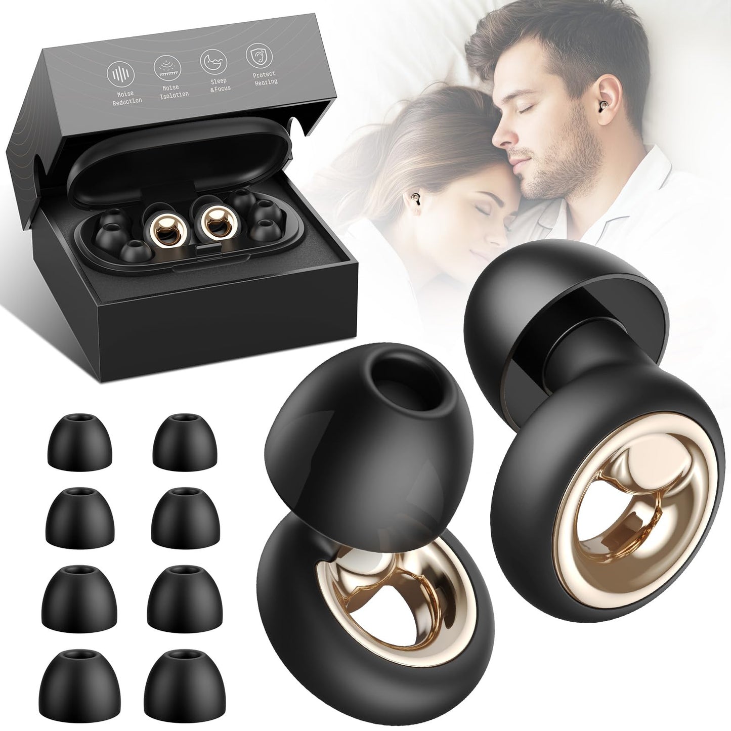 Vosaf 45dB Ear Plugs for Sleeping Noise Cancelling, Soft Earplugs for Concert, Reusable Ear Plugs for Noise Reduction with 8 Ear Tips, Silicone Hearing Protection for Work, Travel(Midnight Gray)