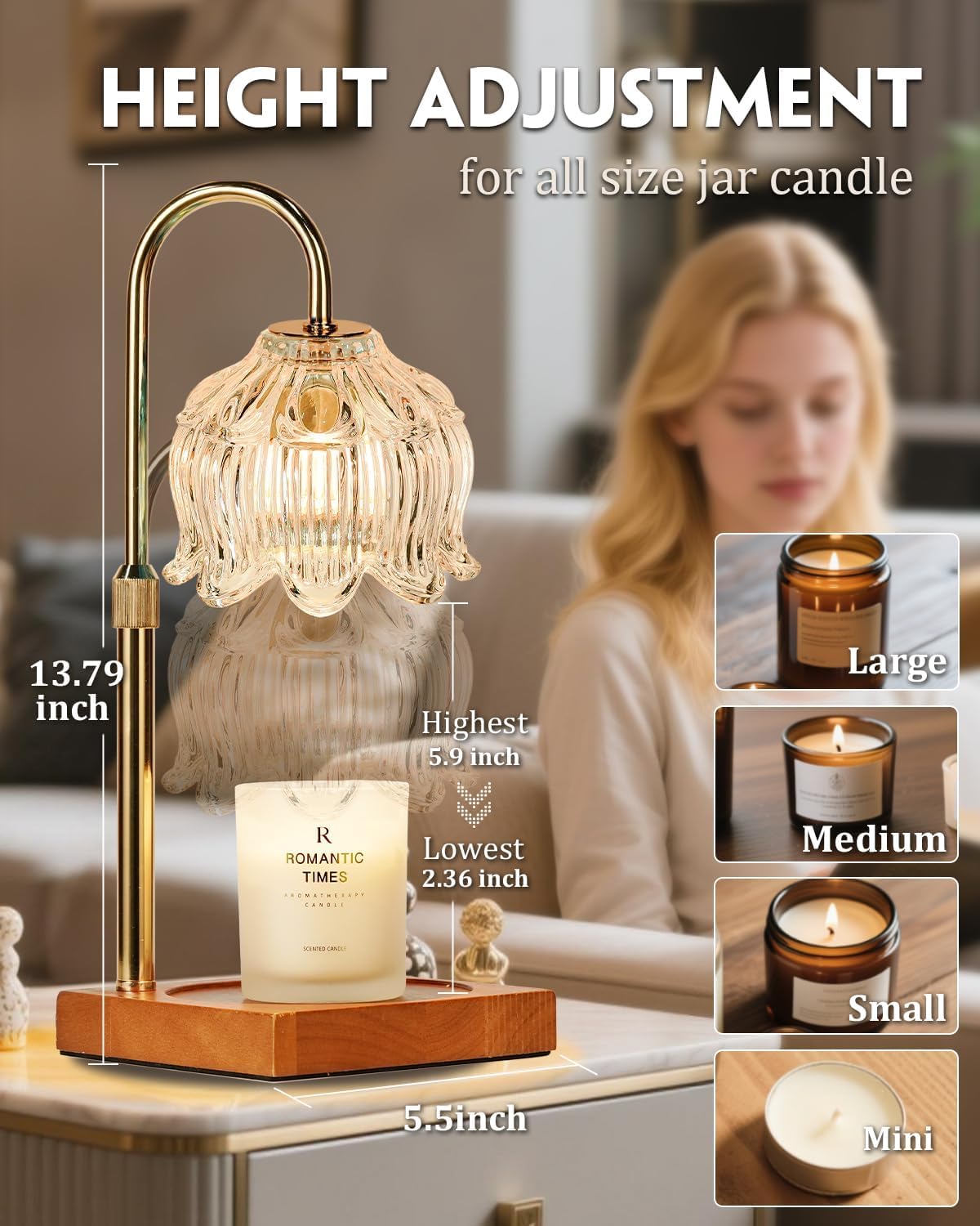 Clear Crystal Candle Warmer Lamp with Timer & Dimmer, Candle Warmer Adjustable Height, Christmas Birthday Gifts for Women Mom, House Warming New Home Bedroom Decor, Flower Wax Warmer for Jar Candle