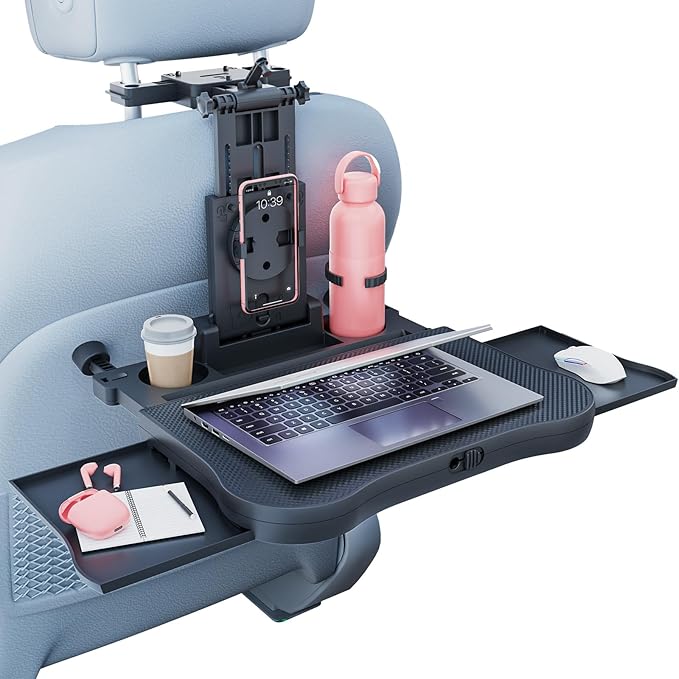 Tallew Car Back Seat Tray Table Stable Foldable Auto Backseat Food Laptop Trays Adjustable Travel Desk for Rear Passenger Road Trip Eating Work Travel