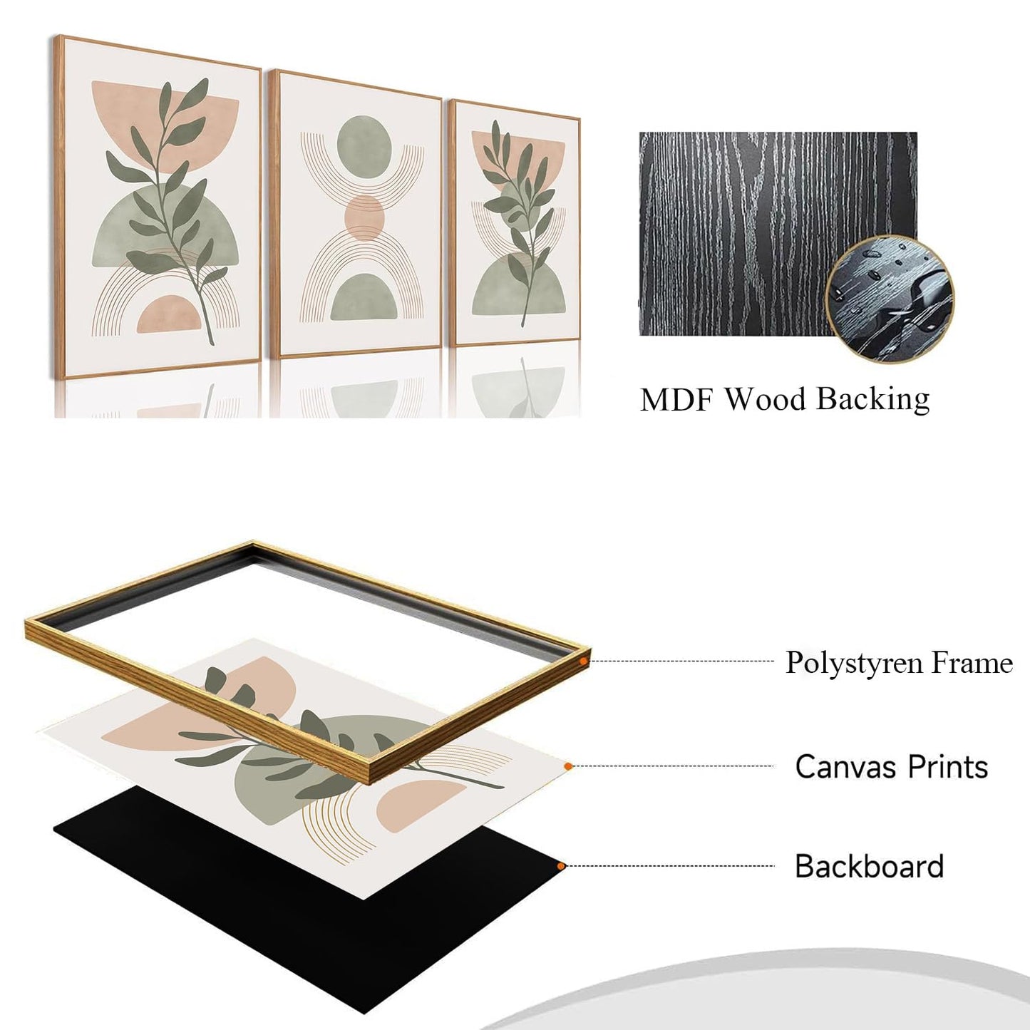 Bwodke Boho Wall Art, Framed Abstract Wall Art, Green Botanical Neutral Canvas Wall Decor, Large Mid Century Plant Pictures Set of 3, Modern Minimalist Paintings, for Bedroom Living Room Bathroom