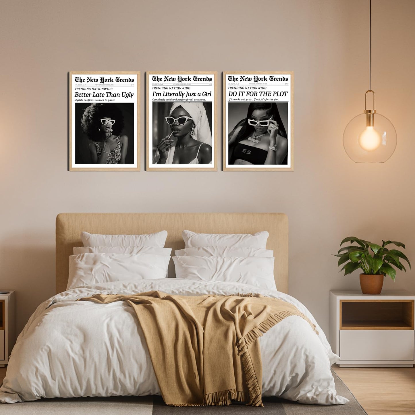 Fashion Wall Art Canvas Print Set of 3 Framed Poster Picture Modern Artwork Wall Decor Black and White Woman Canvas Artwork Poster Wall Art 12x16 Inch for Bedroom Living Room