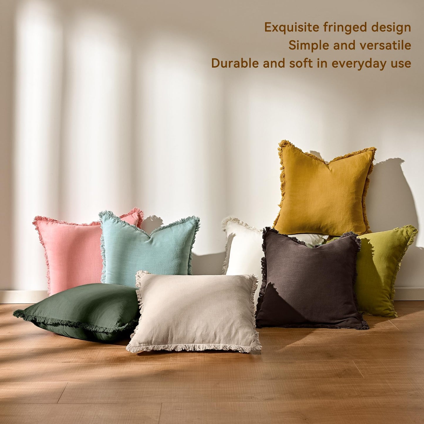 AmHoo Pack of 2 Linen Pillow Covers with Tassels Fringed Decorative Rustic Natural Throw Pillowcase Cushion for Couch Sofa Bedroom 18 x 18-Inch Beige