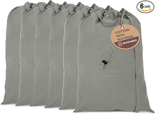 LFH Home Cotton Canvas Large Laundry Bag with Handle, Heavy Duty Drawstring Closure Washable Laundry Bags, School Travel, Home, Hotel, College Dorm, Organizer Sack, Toys Clothes 28x36 (Pack of 6)-Grey