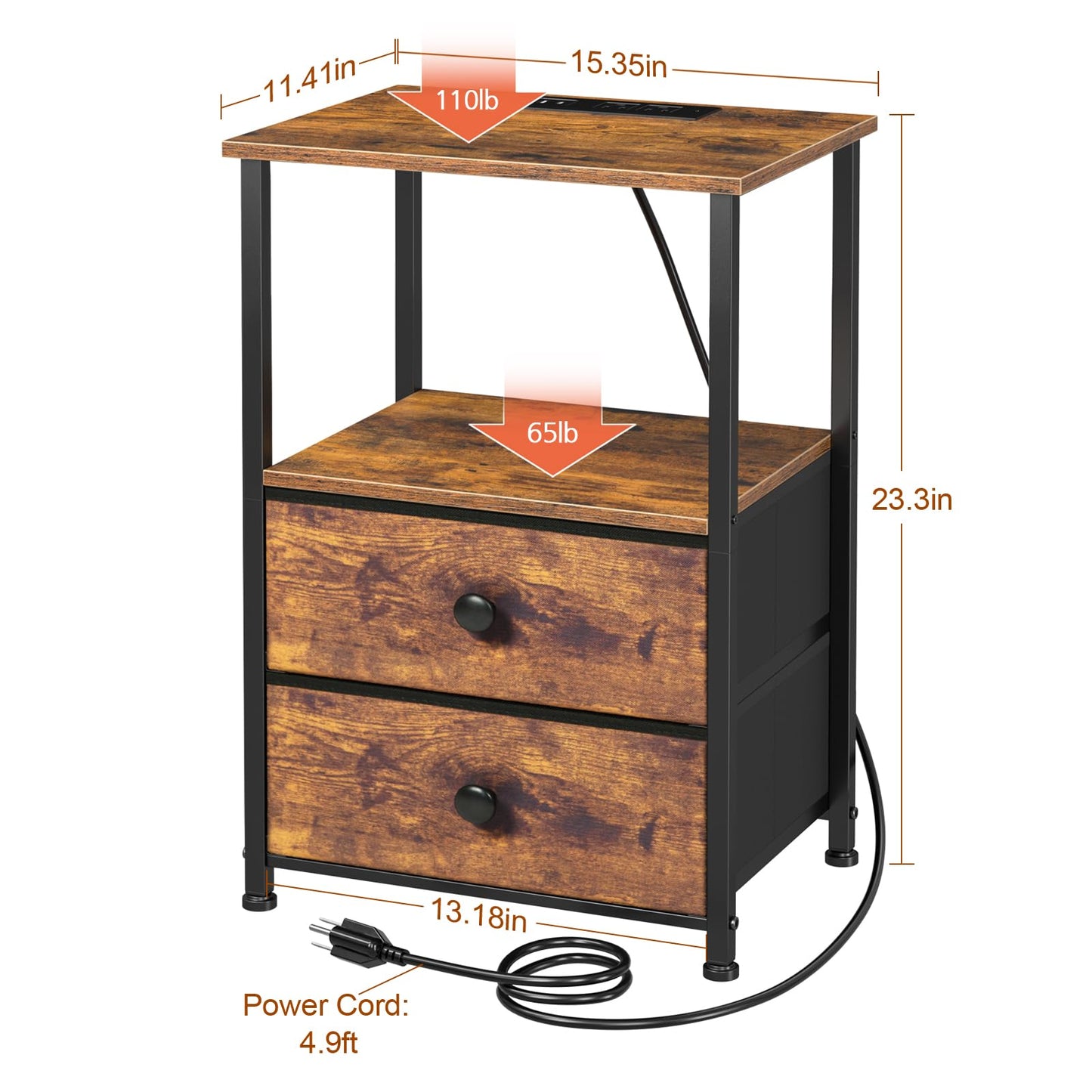 LOAKEKEL Nightstands Set of 2, Night Stand with Charging Station, End Tables with Storage Shelf for Small Spaces, Bedside Table with 2 Fabric Drawers for Bedroom, Rustic Brown, HETS020PBR