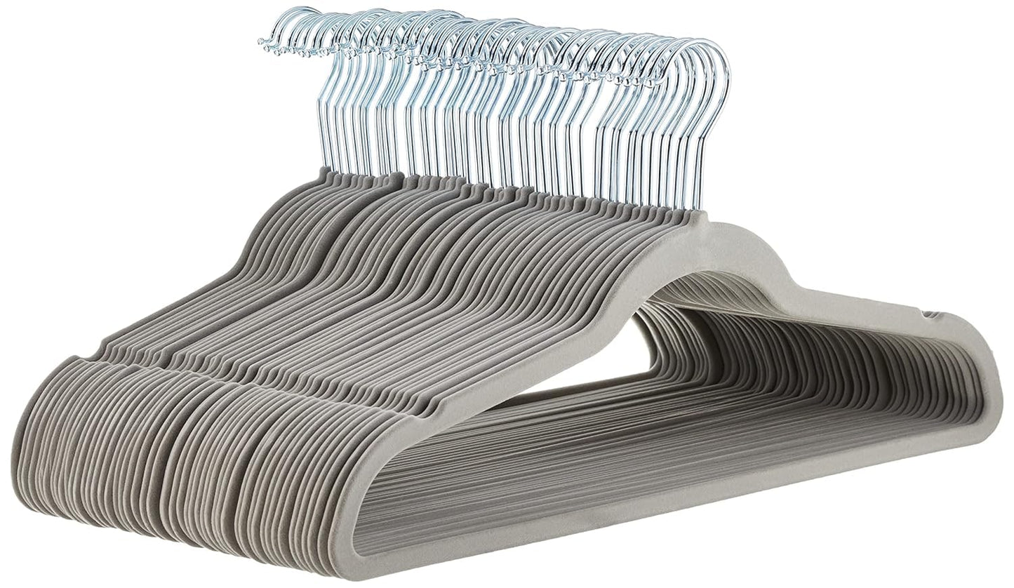 Amazon Basics Slim Velvet Non-Slip Space Saving Suit Clothes Hangers, Closet Organizer, Gray/Silver, 50-Pack
