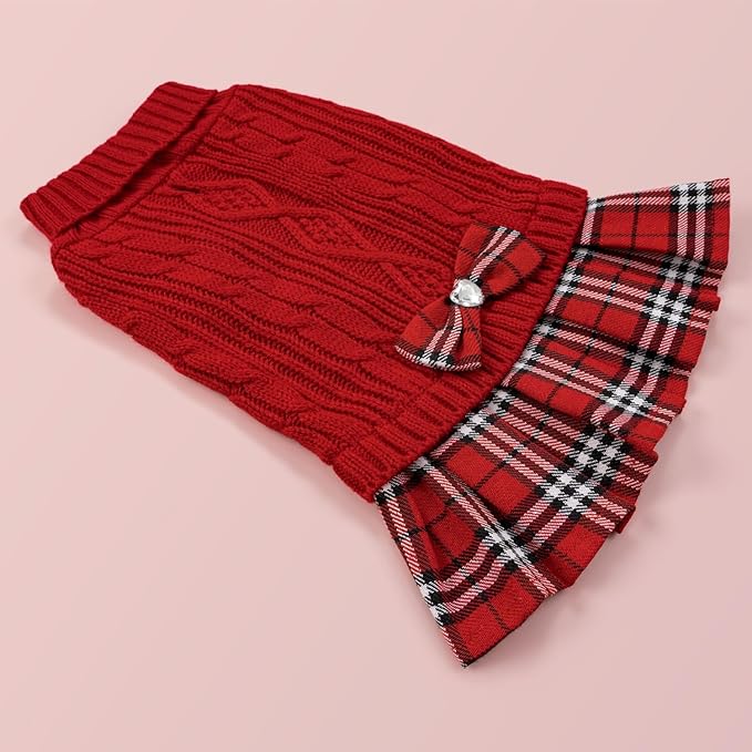 YUDODO Small Dog Sweater Dress with Bowtie Turtleneck - Knitted Pet Girl Dog Winter Clothes - Pet Warm Sweater for Puppy Yorkies, Chihuahua (L Red)