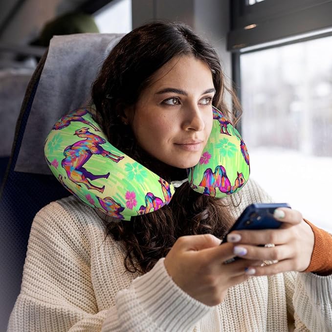 Neck Pillow Memory Foam Travel Pillows Comfortable for Airplane Flight Car Travel Office Nap and Sleeping, Funny Cushion for Head Shoulder Llama Alpaca Camels Watercolor Painting