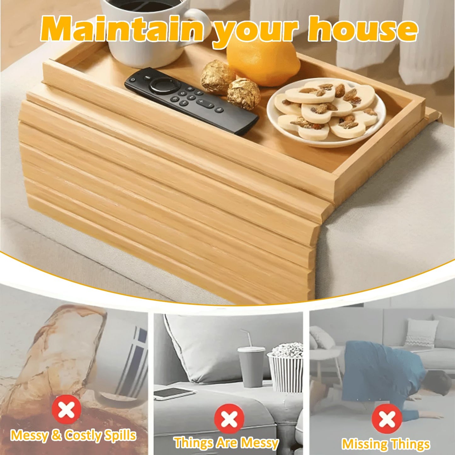 Four Flowers Foldable Bamboo Couch Arm Tray with Detachable Couch Cup Holder– Sofa Armrest Table for Remote, Snacks, Phone – Portable Armrest Caddy Tray for Sofa, Recliner, or Armchair