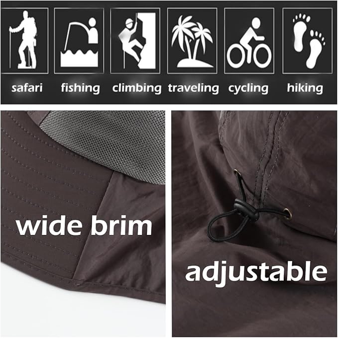 LLmoway Wide Brim Sun Hat with Neck Flap for Men Women Summer Outdoor UV Protection Breathable Fishing Hats with Strap