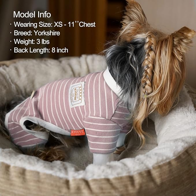 KYEESE Dog Pajamas Stretchable 4 Legs Doggie Jammies Striped Dog PJS Jumpsuit Lightweight Onesie Puppy Pajamas Soft Breathable Cozy Pet Outfit PJS Comfortable Sleepwear,Pink Striped, X-Small