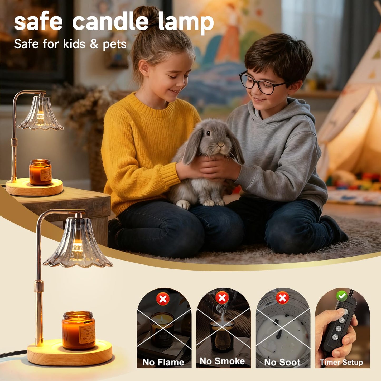 Candle Warmer Lamp with Timer and Dimmer - Adjustable Height Wax Melter for Scented Jar Candles, Vintage Glass Shade with Wood Base, Birthday Gifts for Women Mom, Housewarming Gifts, 2 Bulbs Included